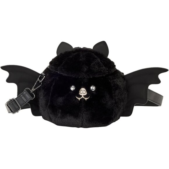 Handbags - Figural Bat Crossbody Bag Faux Leather Plush Embroidered Adjustable Strap